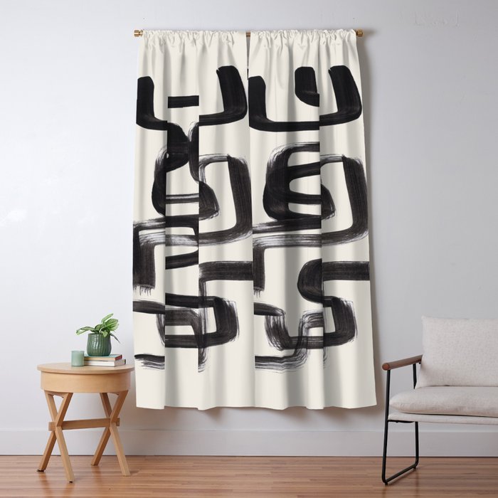 Mid Century Modern Minimalist Abstract Art Brush Strokes Black & White Ink Art Pipe Maze Window Curtain