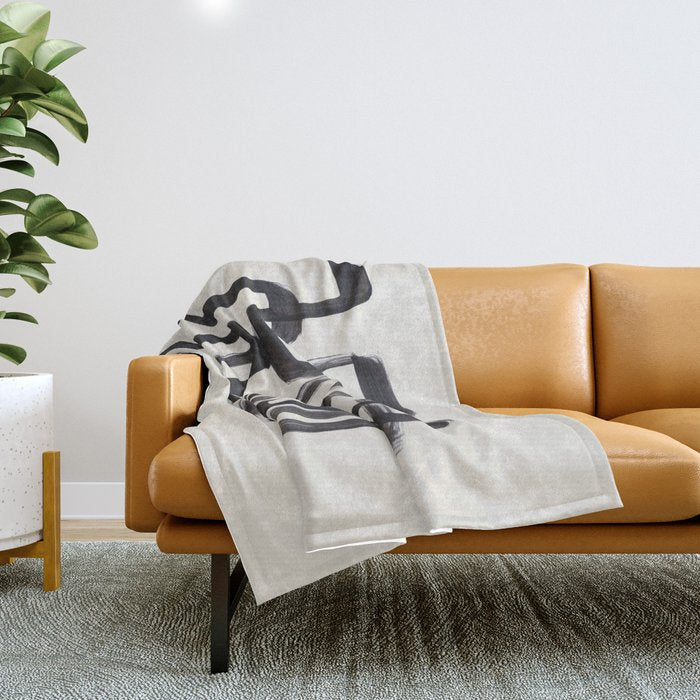 Mid Century Modern Minimalist Abstract Art Brush Strokes Black & White Ink Art Pipe Maze Throw Blanket