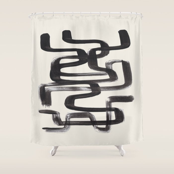 Mid Century Modern Minimalist Abstract Art Brush Strokes Black & White Ink Art Pipe Maze Shower Curtain