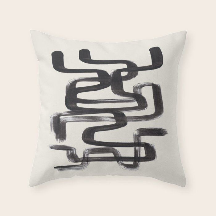 Mid Century Modern Minimalist Abstract Art Brush Strokes Black & White Ink Art Pipe Maze Throw Pillow