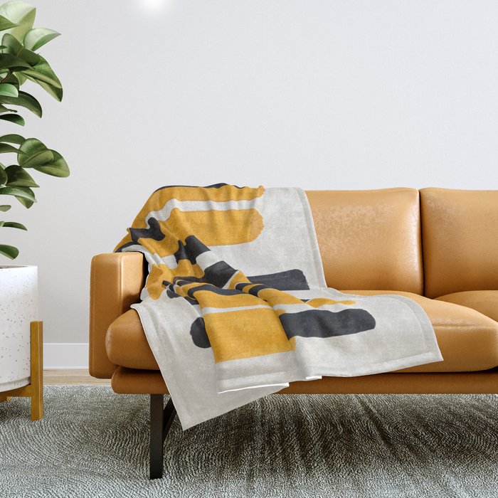 Mid Century Modern Abstract Painting Antique Yellow Black Bumble Bee Stripes Throw Blanket