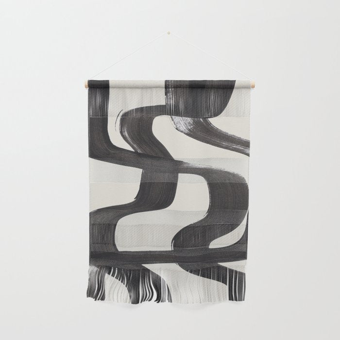 Mid Century Modern Minimalist Abstract Art Brush Strokes Black & White Ink Art Ripple Lines Wall Hanging