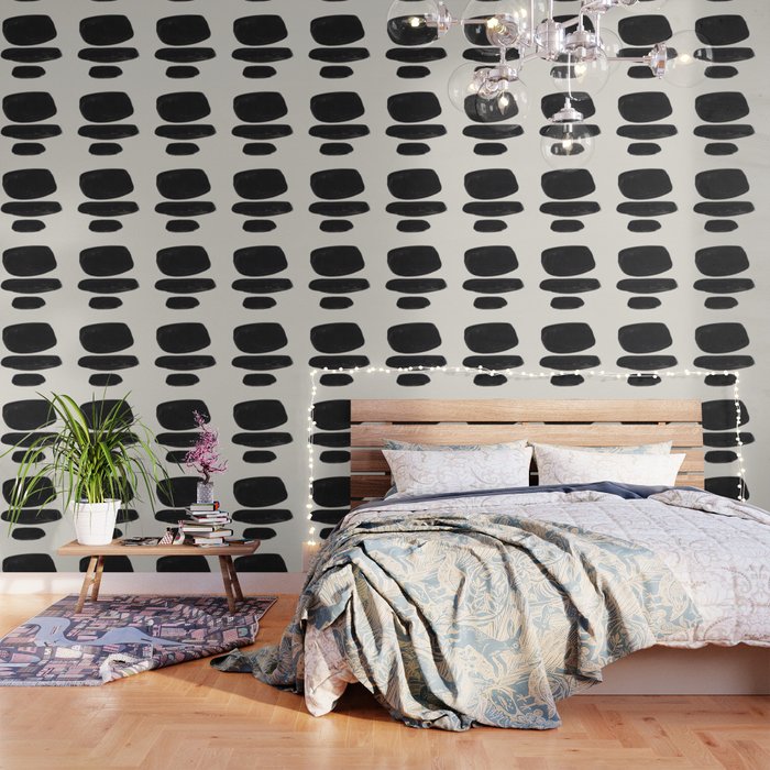 Mid Century Modern Minimalist Abstract Art Brush Strokes Black & White Ink Art Tribal Pebbles Wallpaper