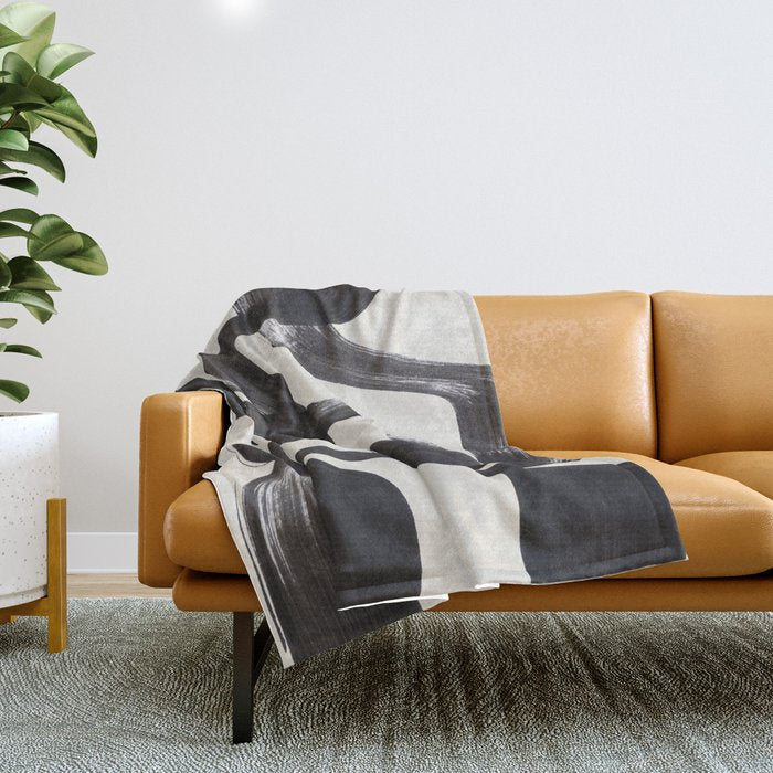 Mid Century Modern Minimalist Abstract Art Brush Strokes Black & White Ink Art Ripple Lines Throw Blanket