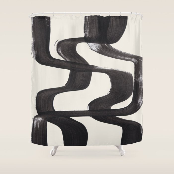 Mid Century Modern Minimalist Abstract Art Brush Strokes Black & White Ink Art Ripple Lines Shower Curtain