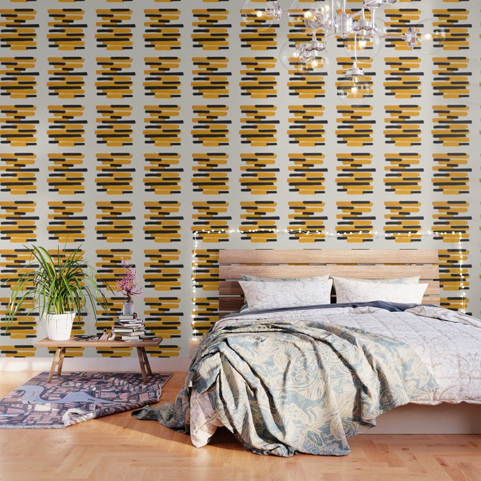 Mid Century Modern Abstract Painting Antique Yellow Black Bumble Bee Stripes Wallpaper