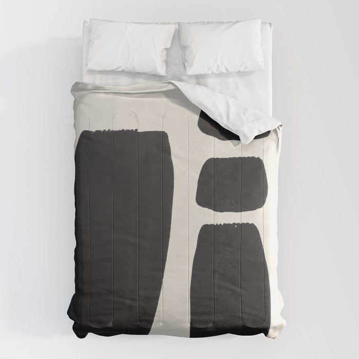 Mid Century Modern Minimalist Abstract Art Brush Strokes Black & White Ink Art Square Shapes Comforter