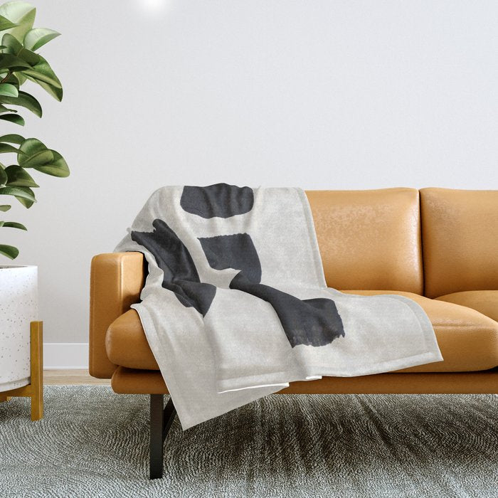 Mid Century Modern Minimalist Abstract Art Brush Strokes Black & White Ink Art Square Shapes Throw Blanket
