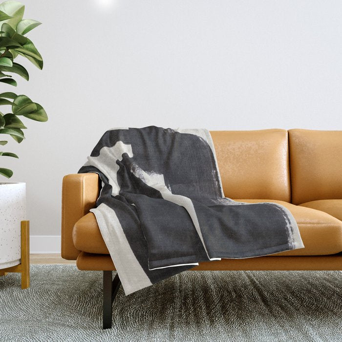 Mid Century Modern Minimalist Abstract Art Brush Strokes Black & White Ink Art Ancient Stripes Throw Blanket