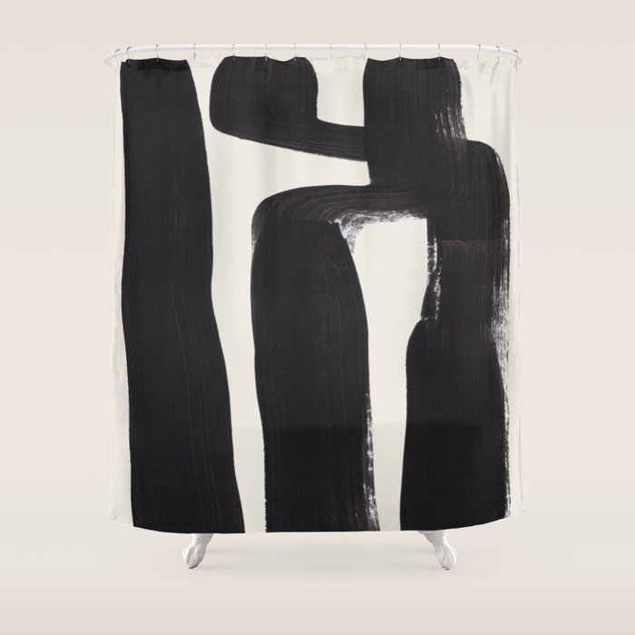 Mid Century Modern Minimalist Abstract Art Brush Strokes Black & White Ink Art Ancient Stripes Shower Curtain