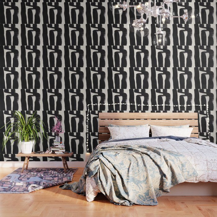 Mid Century Modern Minimalist Abstract Art Brush Strokes Black & White Ink Art Ancient Stripes Wallpaper