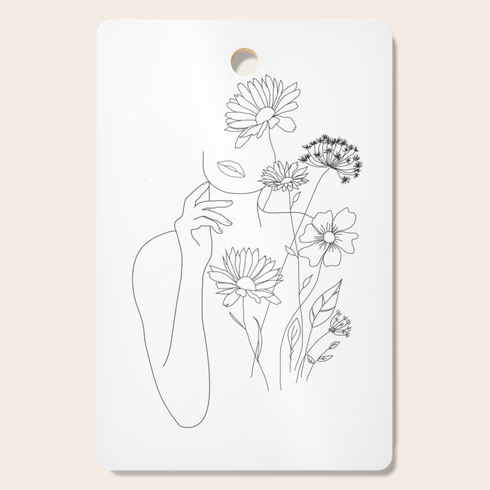 Minimal Line Art Woman With Flowers Iii Cutting Board