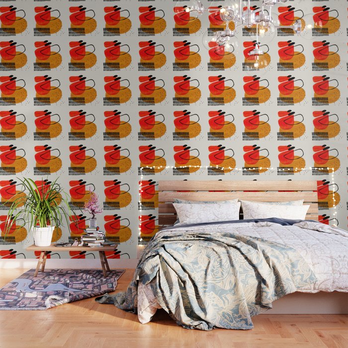 Mid Century Modern Abstract Colorful Art Yellow Ball Orange Shapes Orbit Black Pattern Wallpaper