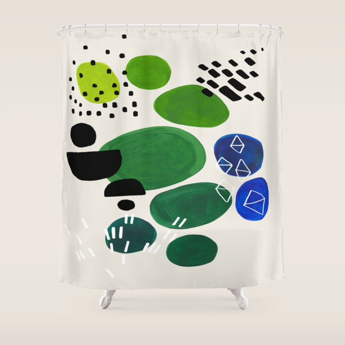 Fun Abstract Minimalist Mid Century Modern Colorful Shapes Lime Green Blue Watercolor Bubbles Shower Curtain