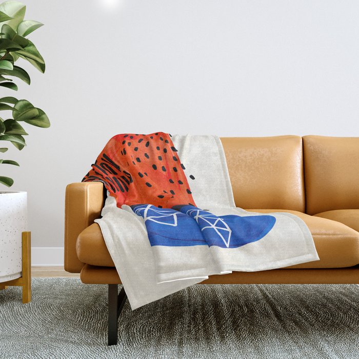 Mid Century Modern Abstract Minimalist Fun Colorful Shapes Patterns Orange Blue Bubbles Organic Throw Blanket