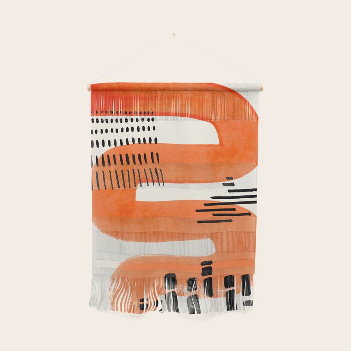 Mid Century Modern Abstract Minimalist Fun Colorful Shapes Patterns Orange Watercolor Wiggle Stroke Wall Hanging