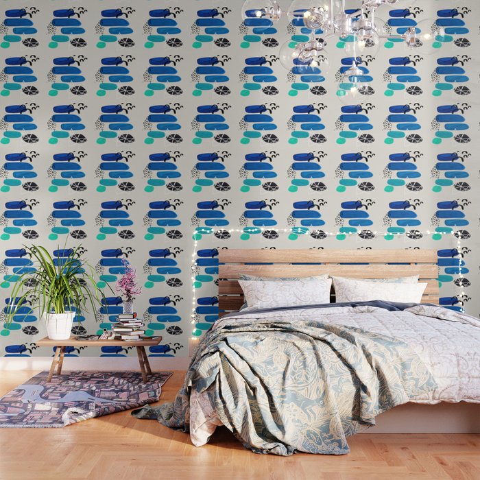 Fun Abstract Minimalist Mid Century Modern Colorful Shapes Marine Green Blue Ombre Watercolor Bubble Wallpaper