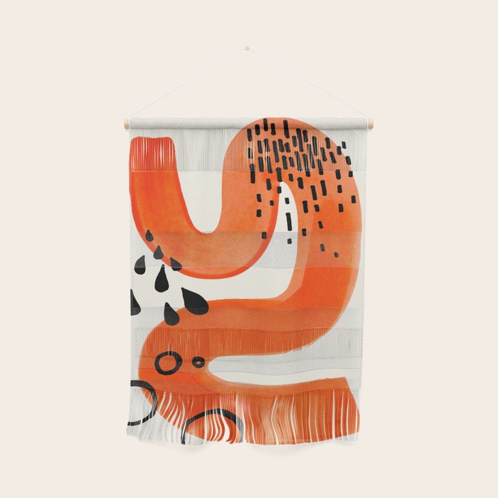 Mid Century Modern Abstract Minimalist Fun Colorful Shapes Patterns Orange Brush Stroke Watercolor Wall Hanging