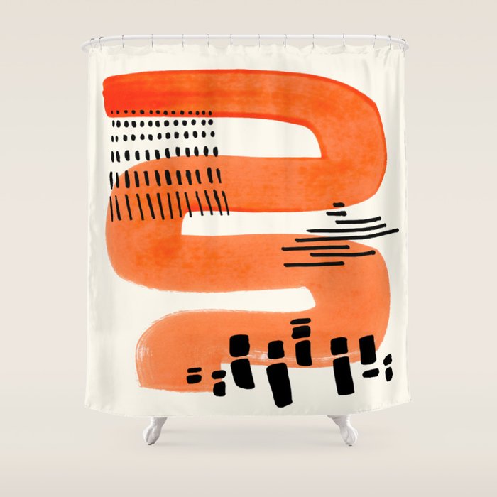 Mid Century Modern Abstract Minimalist Fun Colorful Shapes Patterns Orange Watercolor Wiggle Stroke Shower Curtain