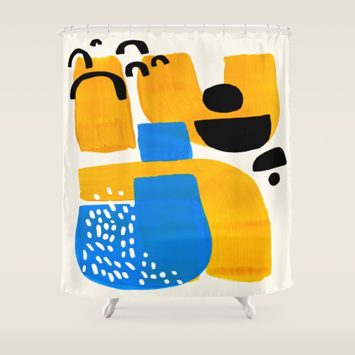 Mid Century Modern Abstract Minimalist Fun Colorful Shapes Patterns Ikea Yellow & Blue Shower Curtain