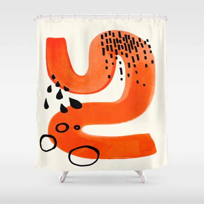 Mid Century Modern Abstract Minimalist Fun Colorful Shapes Patterns Orange Brush Stroke Watercolor Shower Curtain