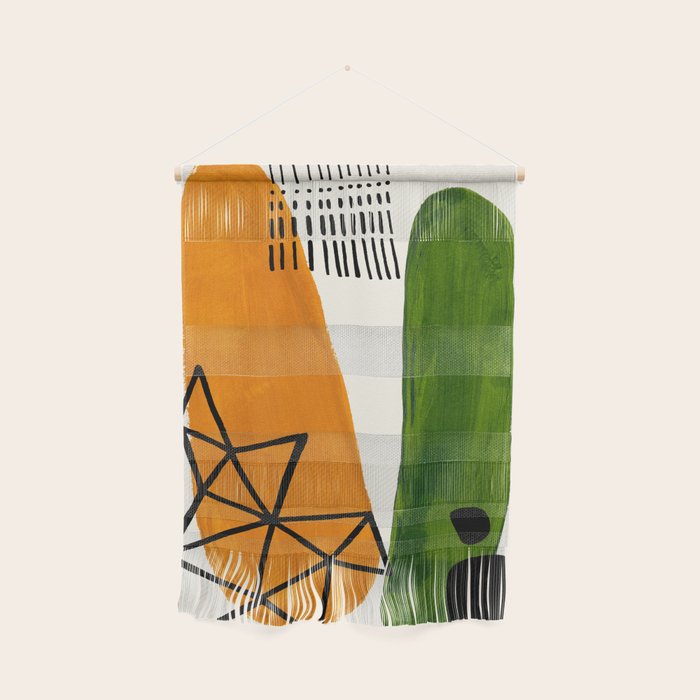 Mid Century Modern Abstract Minimalist Retro Vintage Style Yellow Ochre Olive Green Shapes Ornament Wall Hanging