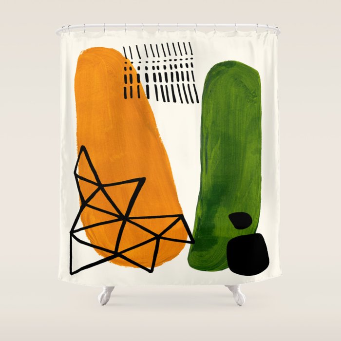Mid Century Modern Abstract Minimalist Retro Vintage Style Yellow Ochre Olive Green Shapes Ornament Shower Curtain