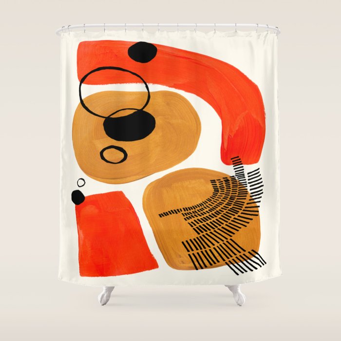 Mid Century Modern Abstract Minimalist Retro Vintage Style Yellow Ochre Orange Organic Shapes With I Shower Curtain