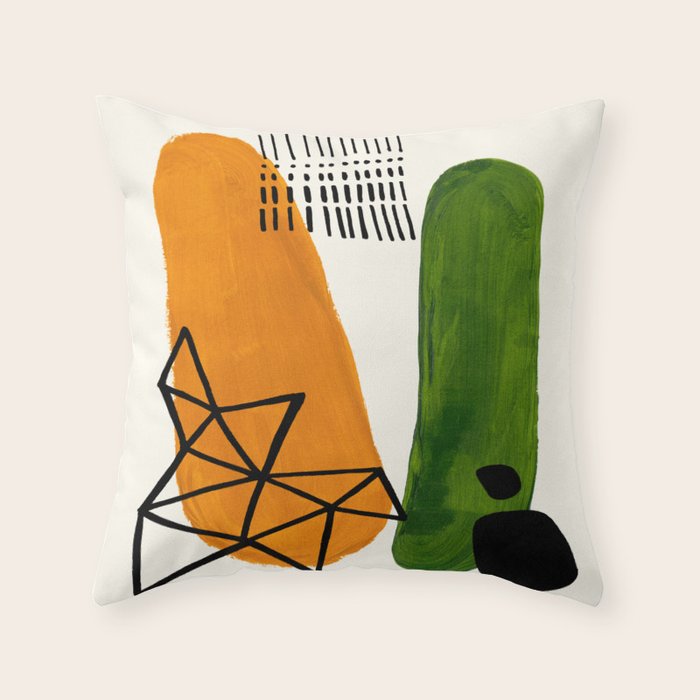 Mid Century Modern Abstract Minimalist Retro Vintage Style Yellow Ochre Olive Green Shapes Ornament Throw Pillow