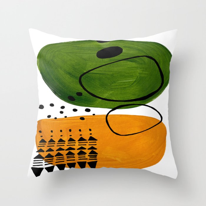 Modern Mid Century Fun Colorful Abstract Minimalist Painting Olive Green Yellow Ochre Buns Throw Pillow