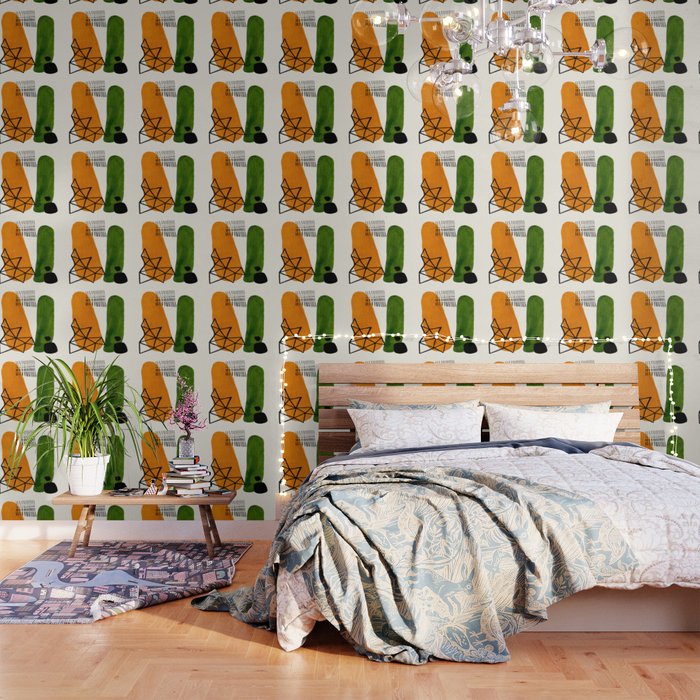 Mid Century Modern Abstract Minimalist Retro Vintage Style Yellow Ochre Olive Green Shapes Ornament Wallpaper