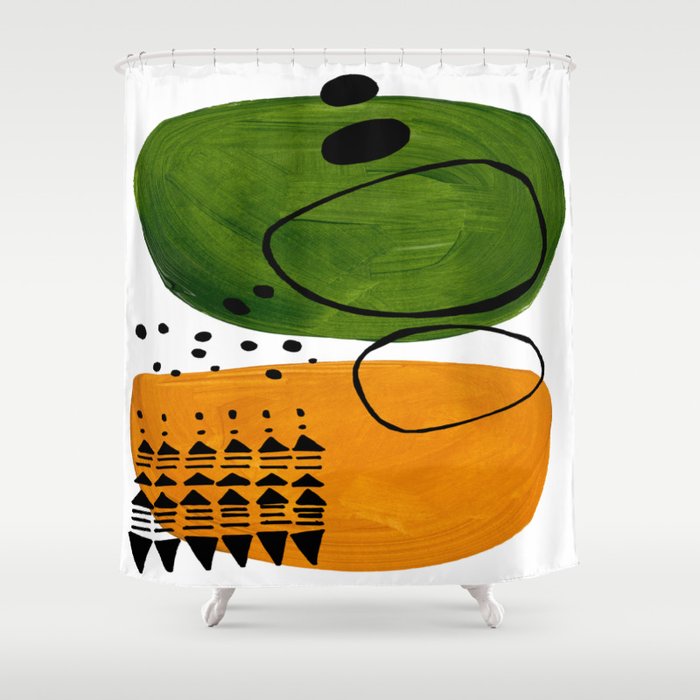 Modern Mid Century Fun Colorful Abstract Minimalist Painting Olive Green Yellow Ochre Buns Shower Curtain