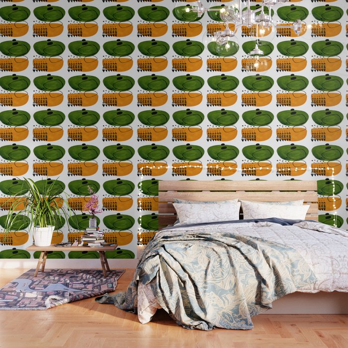 Modern Mid Century Fun Colorful Abstract Minimalist Painting Olive Green Yellow Ochre Buns Wallpaper