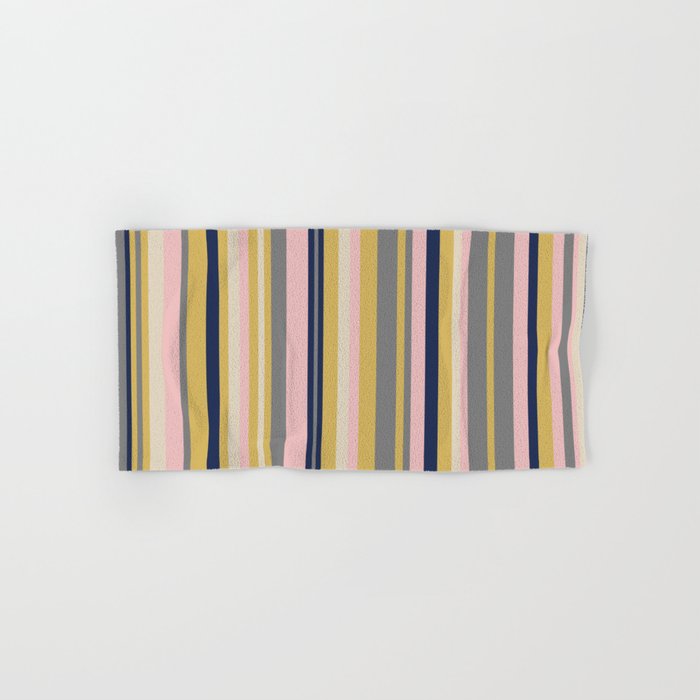 Variegated Thin Stripes Pattern In Mustard Yellow, Gray, Navy Blue, And Pink Bath Towel