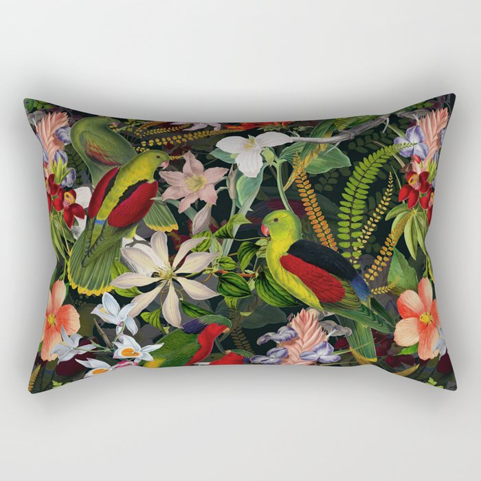 Vintage & Shabby Chic - Black Tropical Parrot Night Garden Rectangular Pillow
