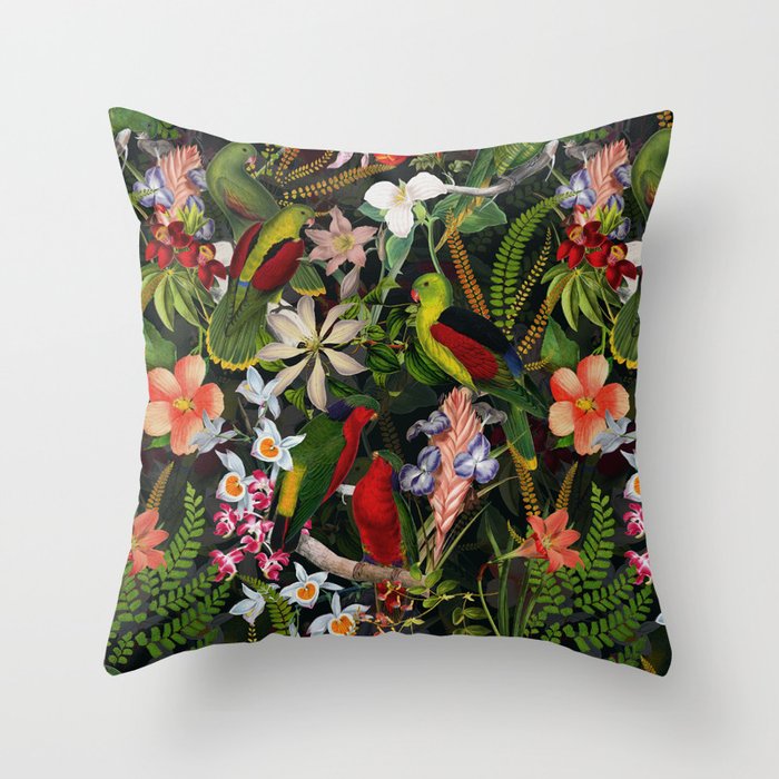 Vintage & Shabby Chic - Black Tropical Parrot Night Garden Throw Pillow