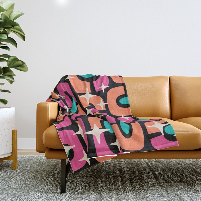 Mid Century Modern Cosmic Abstract 356 Magenta Orange Turquoise Black And Beige Throw Blanket