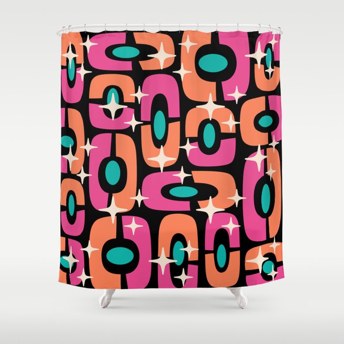 Mid Century Modern Cosmic Abstract 356 Magenta Orange Turquoise Black And Beige Shower Curtain