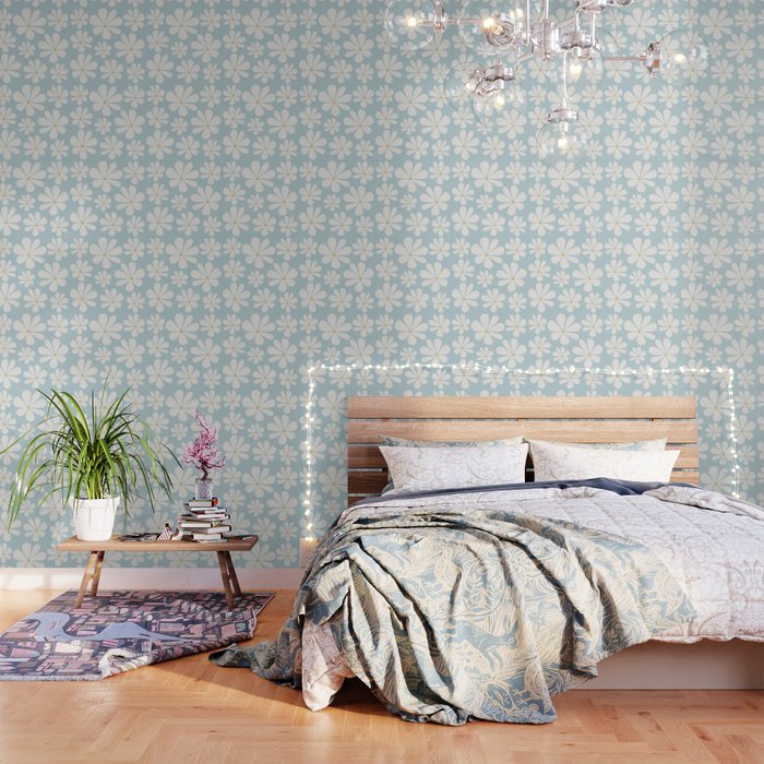 Retro Daisy Pattern - Pastel Blue Wallpaper