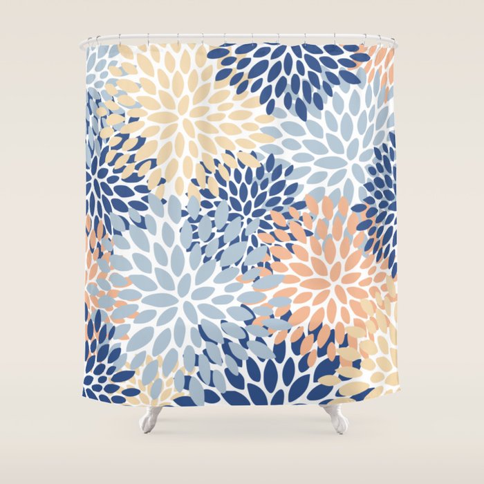 Festive, Floral Print, Coral, Peach, Light Blue, Navy Shower Curtain