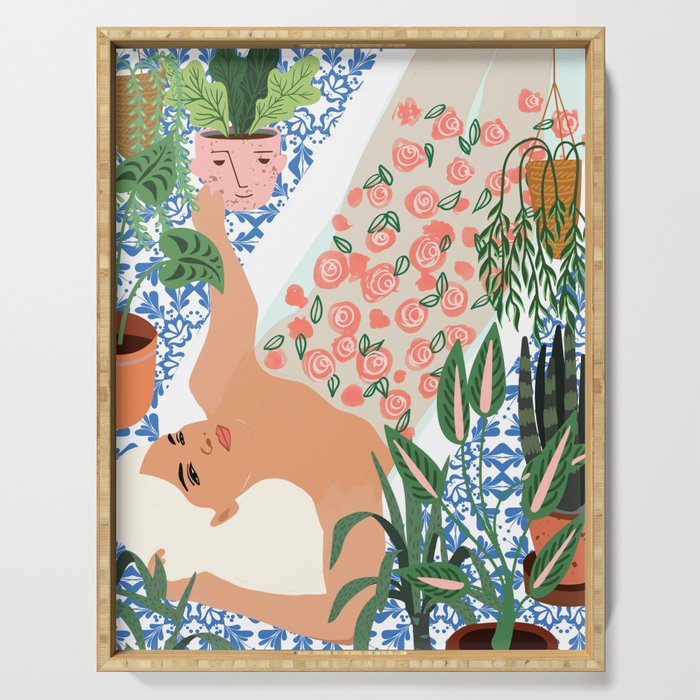 Moroccan Bath With Plants #Botanical #Illustration Serving Tray