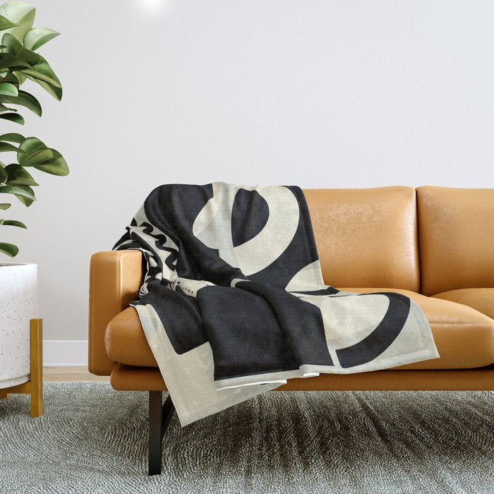 Mid Century Shapes Black White Abstract Art Throw Blanket