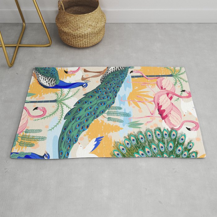 Utopia, Tropical Wildlife Animals, Flamingo Peacock Seagull Vintage Botanical Palm Rug