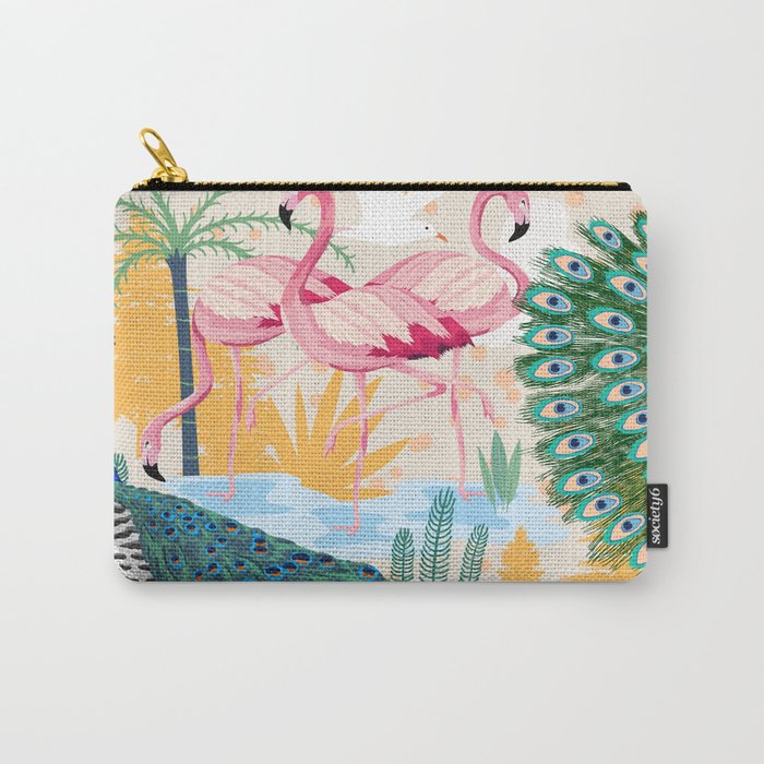 Utopia, Tropical Wildlife Animals, Flamingo Peacock Seagull Vintage Botanical Palm Carry All Pouch