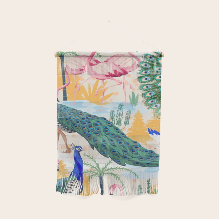 Utopia, Tropical Wildlife Animals, Flamingo Peacock Seagull Vintage Botanical Palm Wall Hanging