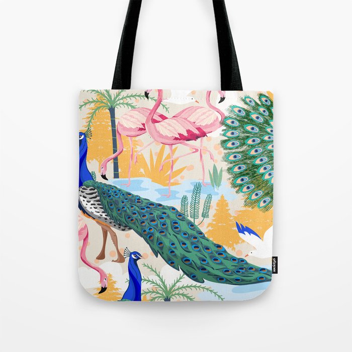 Utopia, Tropical Wildlife Animals, Flamingo Peacock Seagull Vintage Botanical Palm Tote Bag
