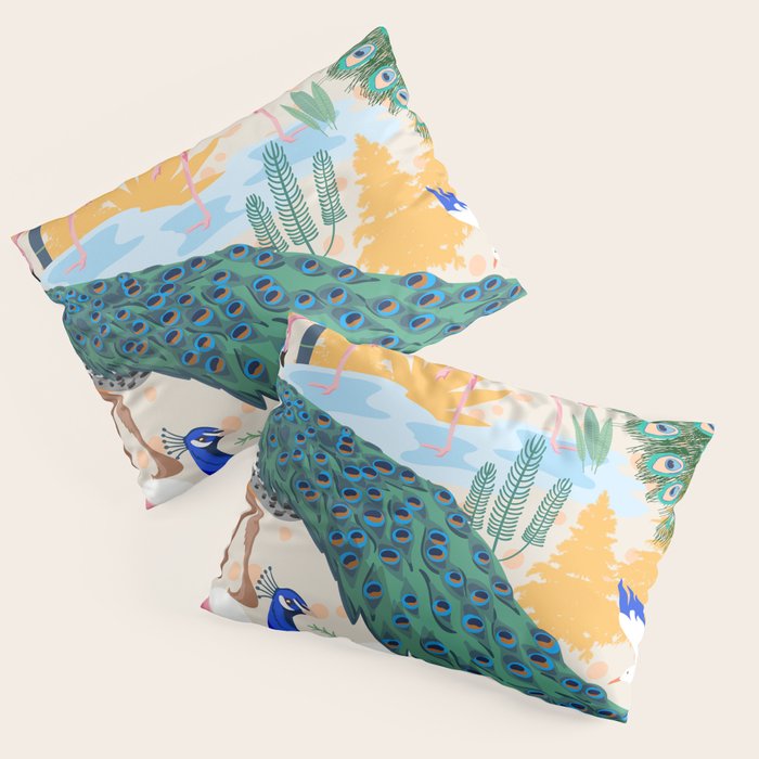 Utopia, Tropical Wildlife Animals, Flamingo Peacock Seagull Vintage Botanical Palm Pillow Sham