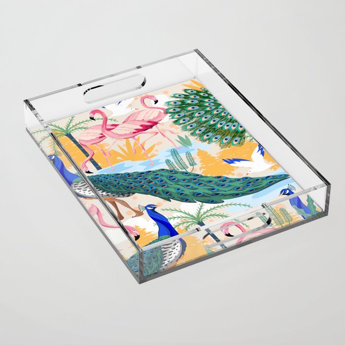 Utopia, Tropical Wildlife Animals, Flamingo Peacock Seagull Vintage Botanical Palm Acrylic Tray
