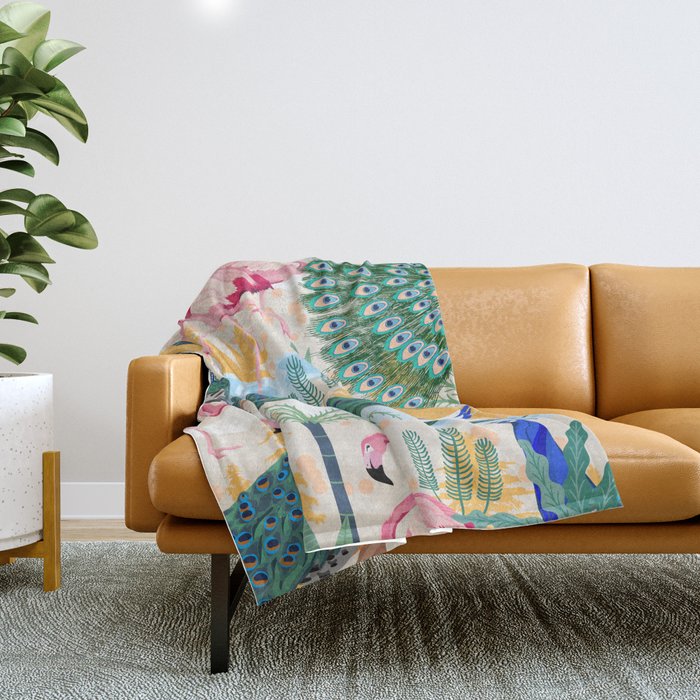 Utopia, Tropical Wildlife Animals, Flamingo Peacock Seagull Vintage Botanical Palm Throw Blanket