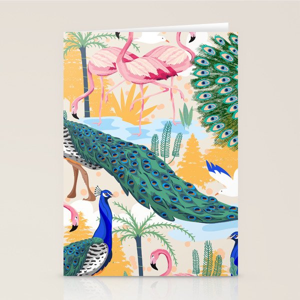 Utopia, Tropical Wildlife Animals, Flamingo Peacock Seagull Vintage Botanical Palm Stationery Card